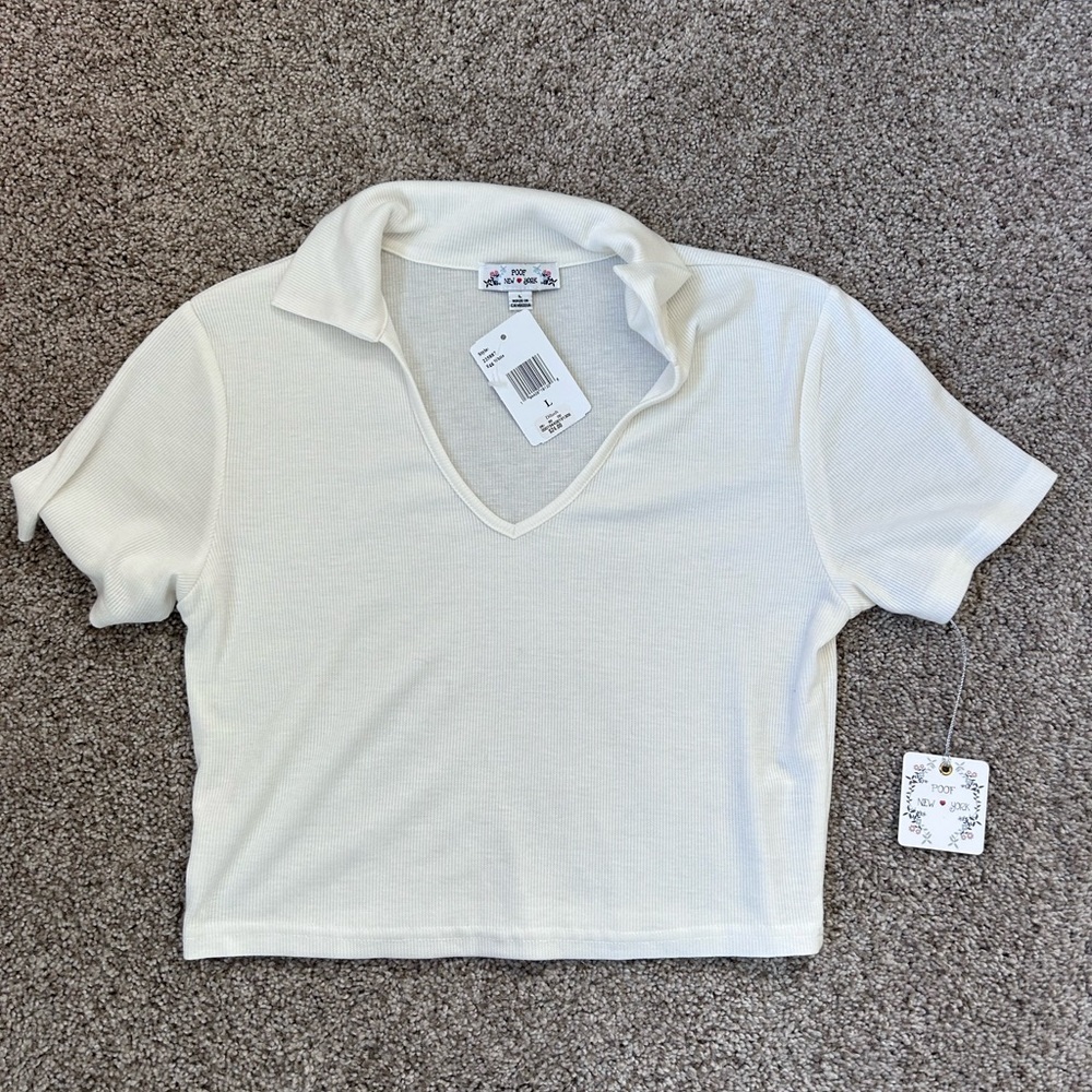 NWT Poof New York cropped short sleeve deep v neck collared shirt. Ribbed. Y2K